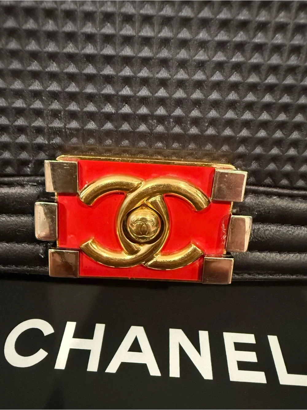 Authentic Chanel Navy Quilted Medium Boy Bag with Red & Gold Accent